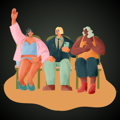 Graphic of 3 people sitting in chairs and facing out of the page, as if listening to a talk. One of them has their hands raised.