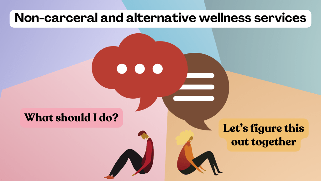 Text at the top of banner reads non-carceral and alternative wellness services. In the center is a large graphic of speech bubbles, and below are two people sitting with their backs together. The one on the left says what should I do, and the one on the right says let's figure it out together. 